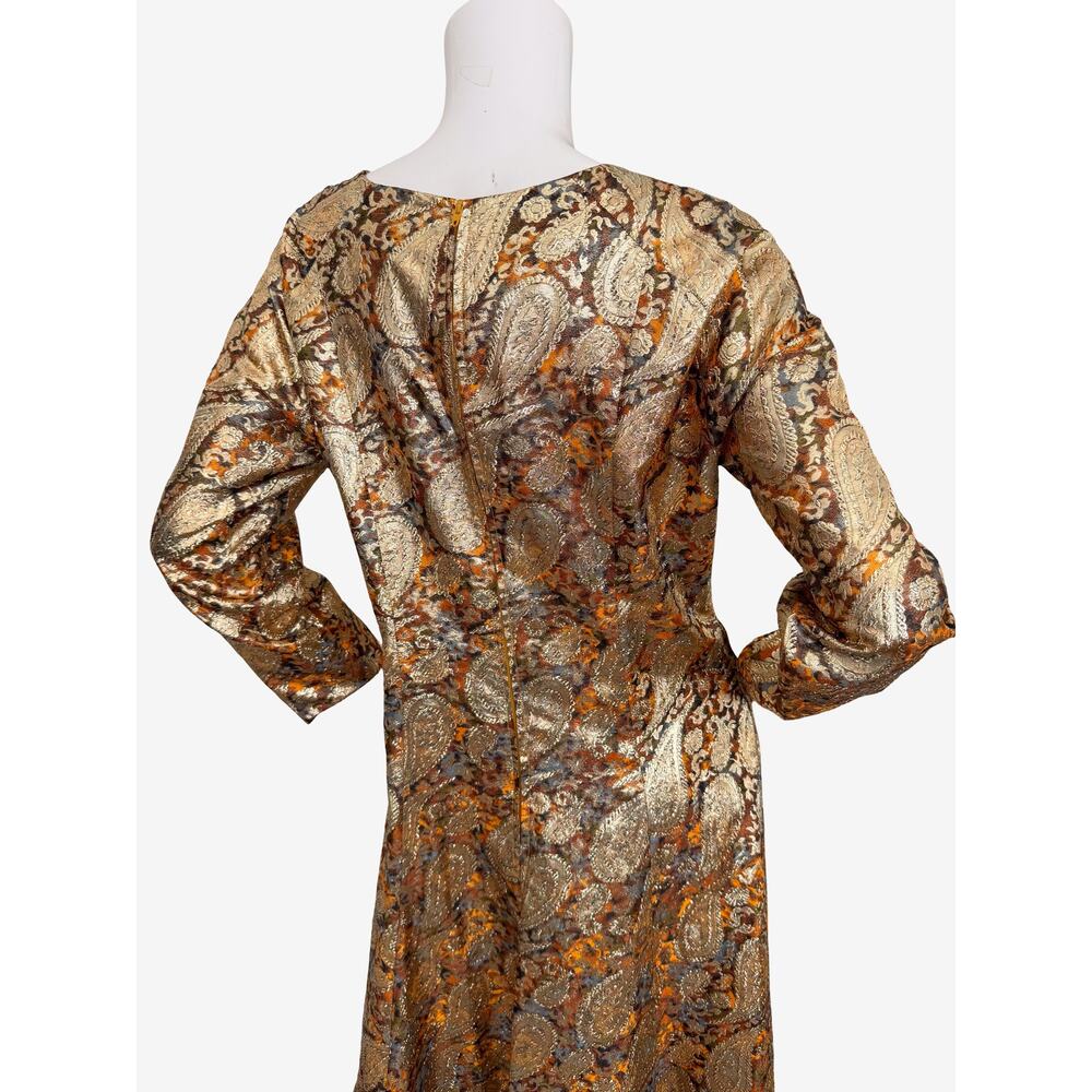 Vintage 60's 70's Metallic Brocade Paisley A-Line Hostess Maxi Dress - Picture 4 of 7